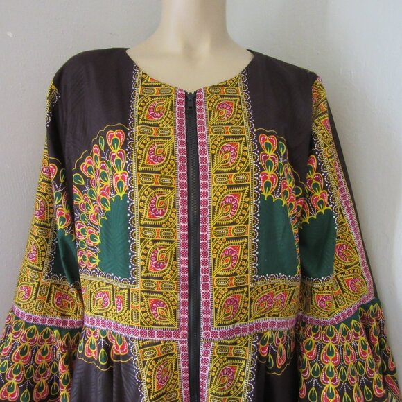Ray Darten Multicolor African Theme Pattern Bell Sleeves XXL Full Circle Dress - Picture 2 of 5